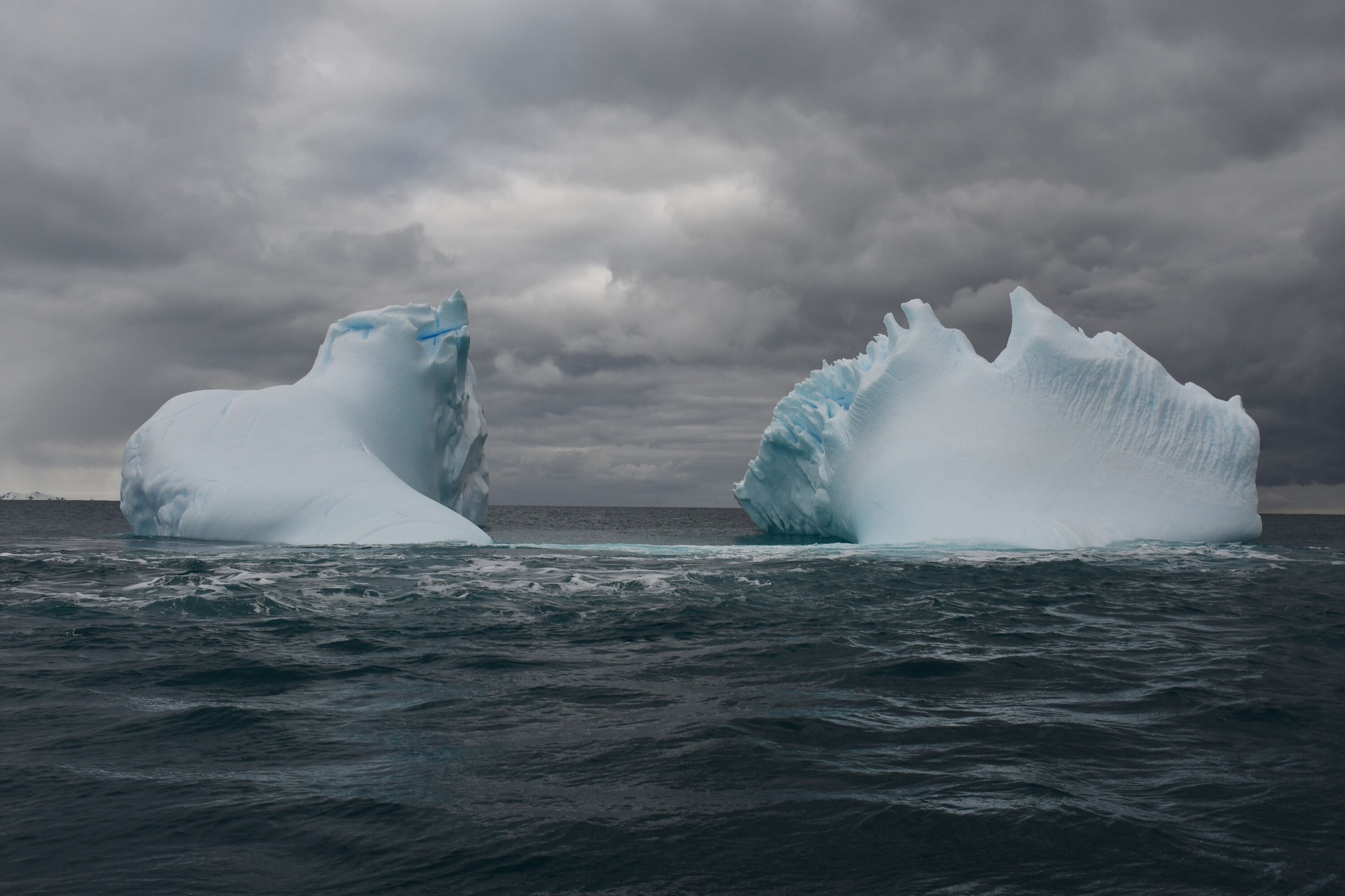 Charlie's view of intricately carved icebergs 