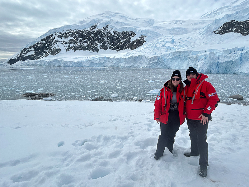 Laura and her partner in the warm jackets provided by Ponant